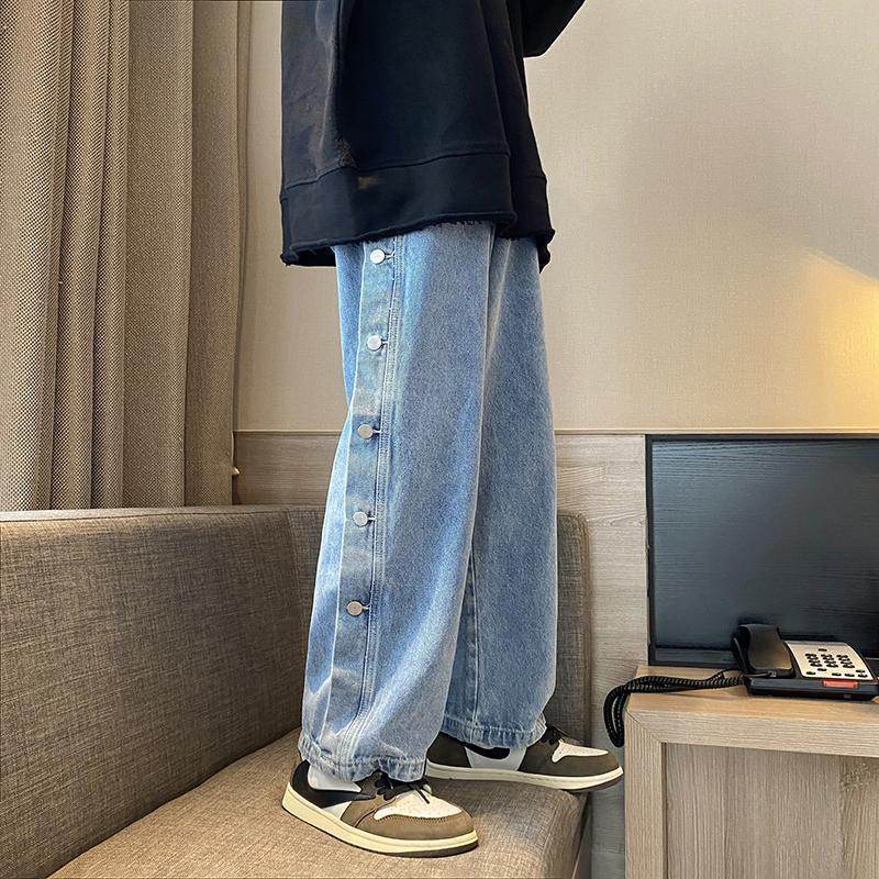 Personalized Side Breasted Pants Straight Leg Jeans Women - Mubimart