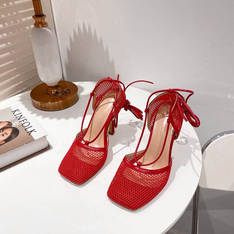 Women's Super High Heel Baotoe High Heels Square Toe Lace Up Shoes - Mubimart