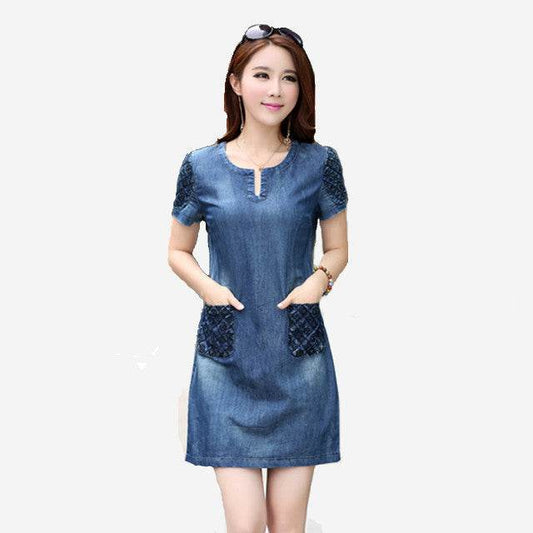 New women's short-sleeved thin denim skirt tide Korean version of the long paragraph casual large size denim dress - Mubimart