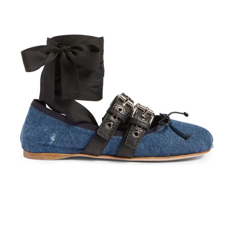 Ballet flats with round head belt buckle - Mubimart