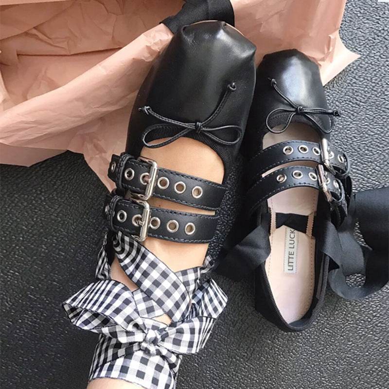 Ballet flats with round head belt buckle - Mubimart