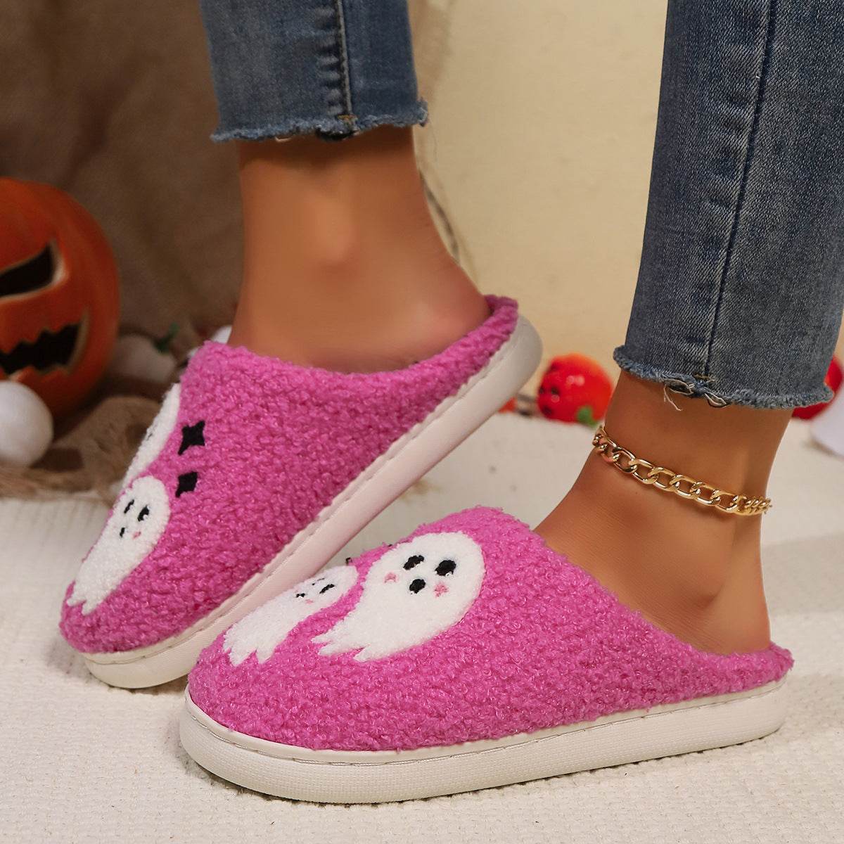 Halloween Cartoon Ghost Cotton Slippers For Women Indoor Non-slip Bedroom Floor Slipper Winter House Shoes - Mubimart