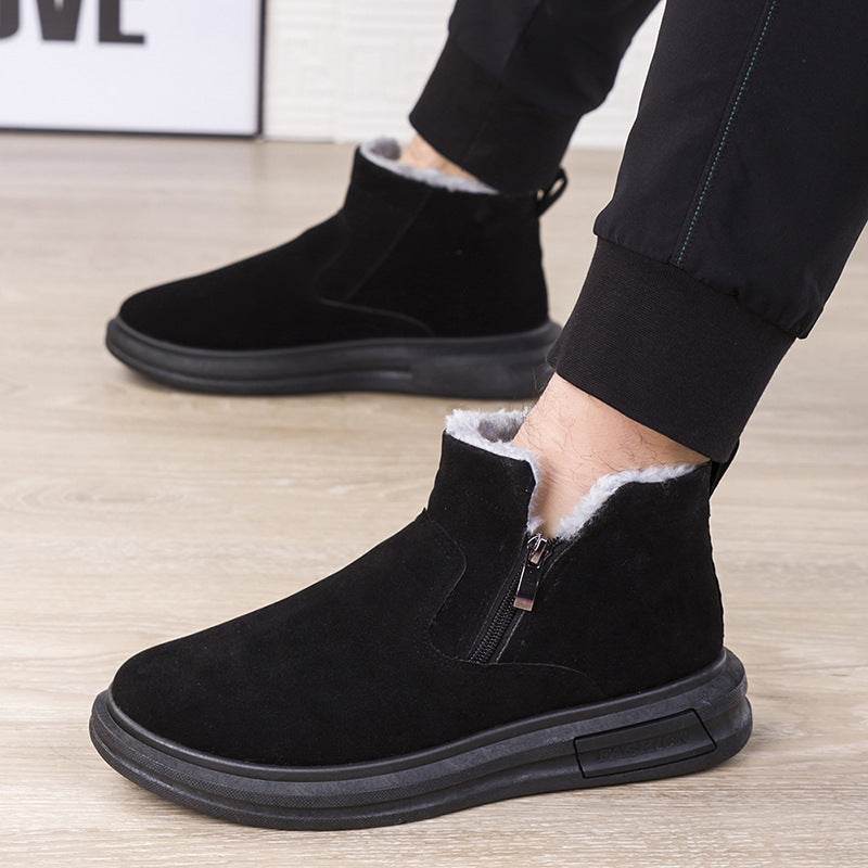 Fashion Snow Boots For Men Winter Warm Flat Cotton Plush Shoes With Side Zipper Casual Daily Fleece Ankle Boot - Mubimart
