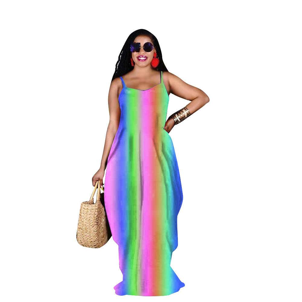Rainbow Print Loose Slip Dress Maxi Dress - Mubimart