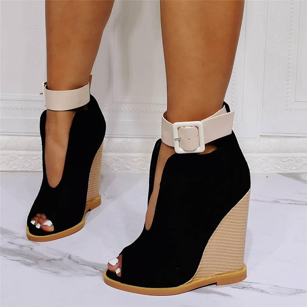 Sexy Wedge Heels With One-line Strappy Roman Heel Sandals - Mubimart