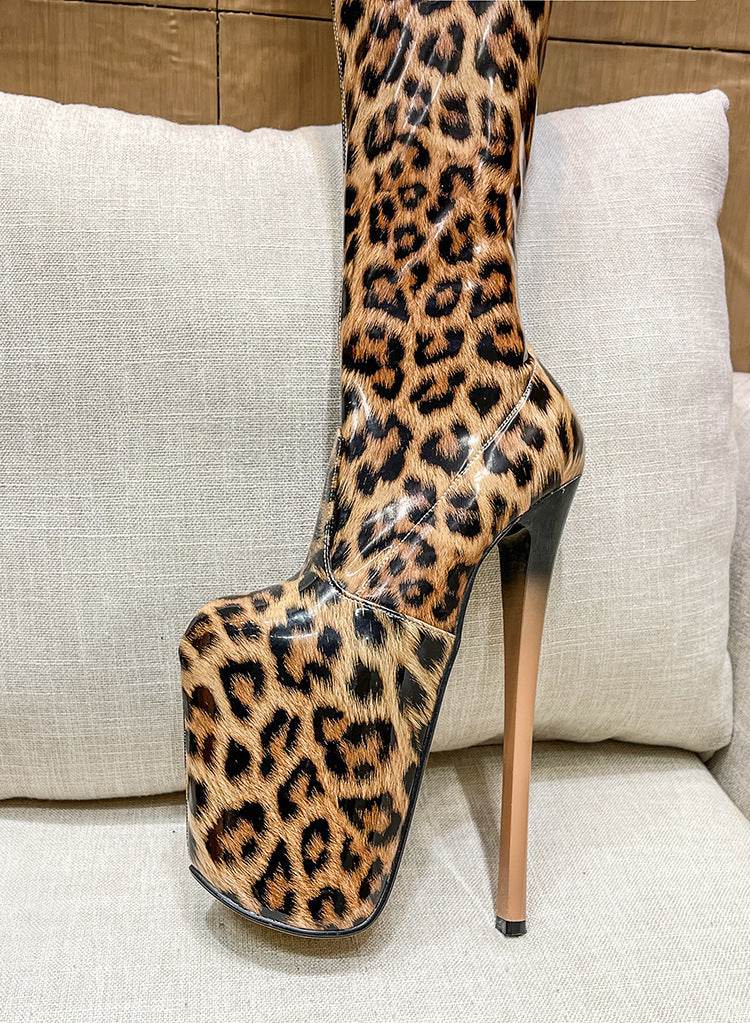 Leopard Print Stretch Tall High Heel Boots - Mubimart