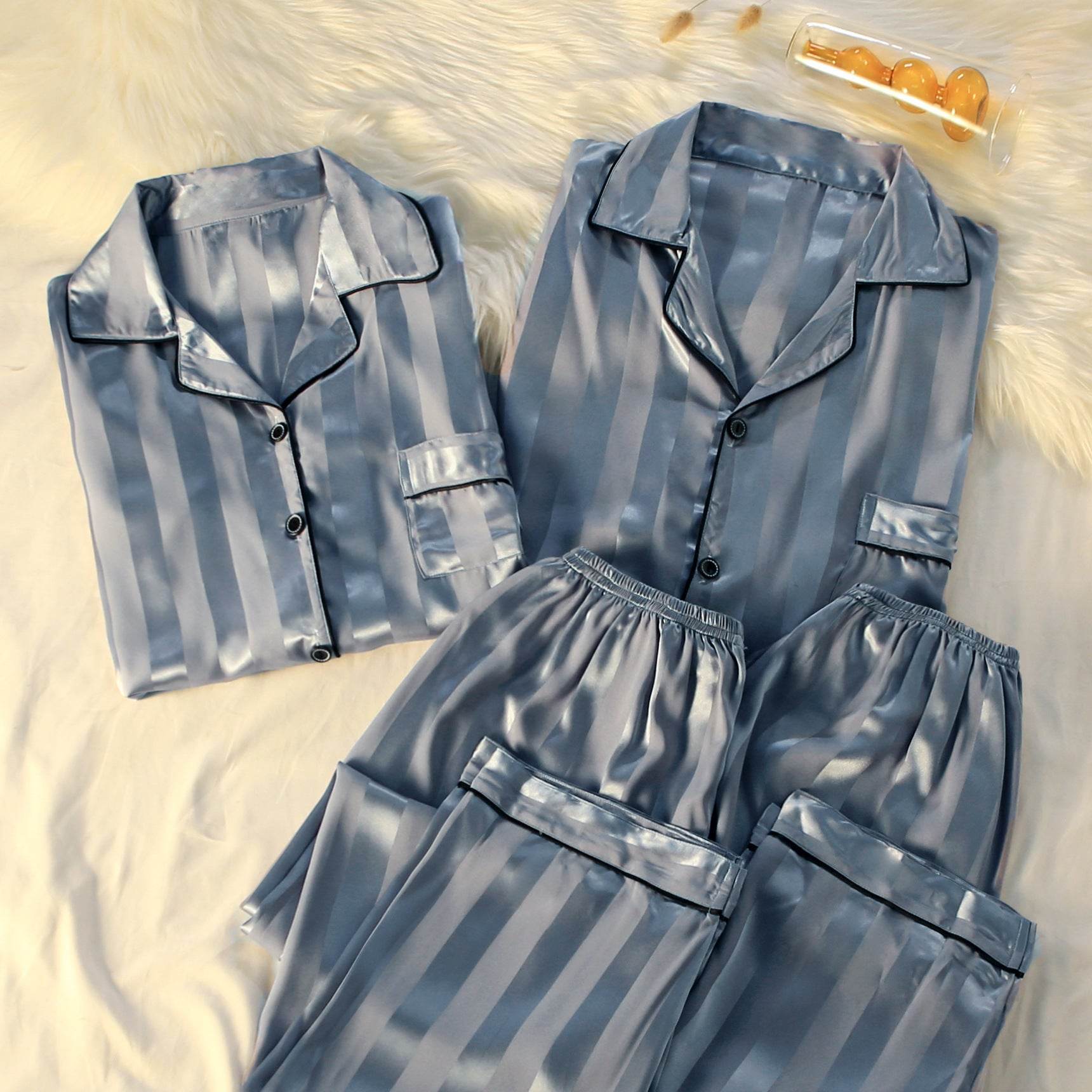 Striped Luxury New Plus Size Silk Loungewear - Mubimart