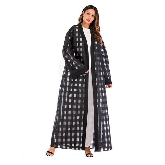 Muslim Plaid Loose Sleeved Lace Up Robe For Women - Mubimart