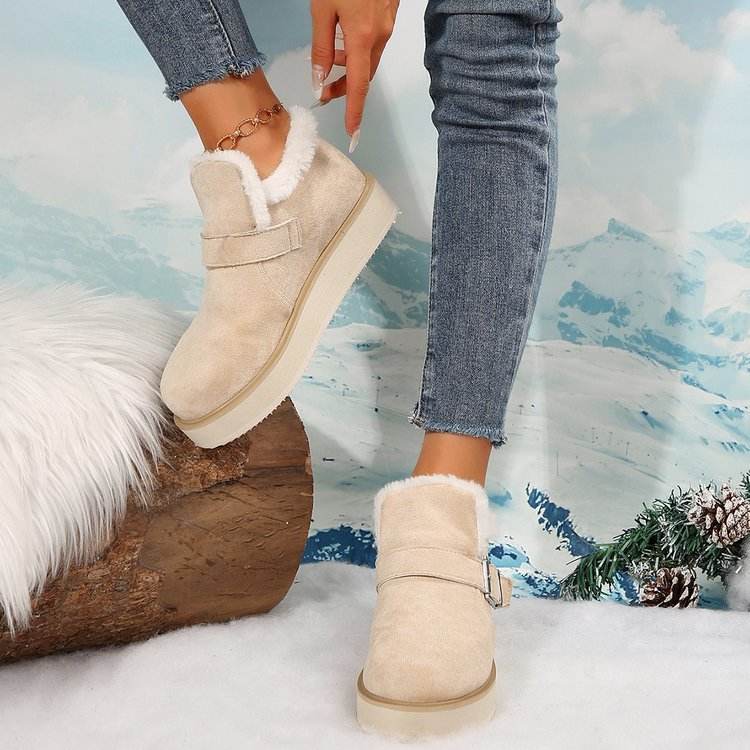 Winter Buckle Snow Boots Fashion Flat Thick-soled Cotton Shoes Round Toe Plus Velvet Warm Ankle Boot For Women - Mubimart