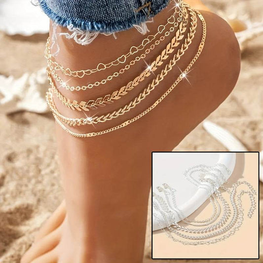 5Pcs Bohemian Airplane Chain Ankle Chain Fashion Design Heart-shaped Chain Anklets Women's Summer Beach On Foot Chain Jewelry - Mubimart
