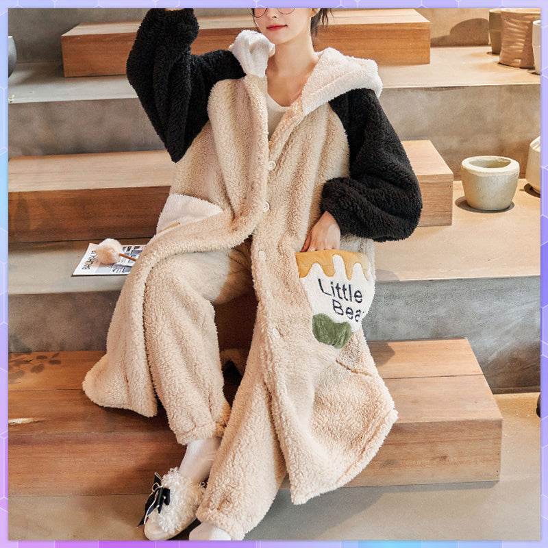 Coral Fleece Nightgown Women Plus Velvet Thickened Flannel Pajamas Can Be Worn Outside Bathrobe Set - Mubimart