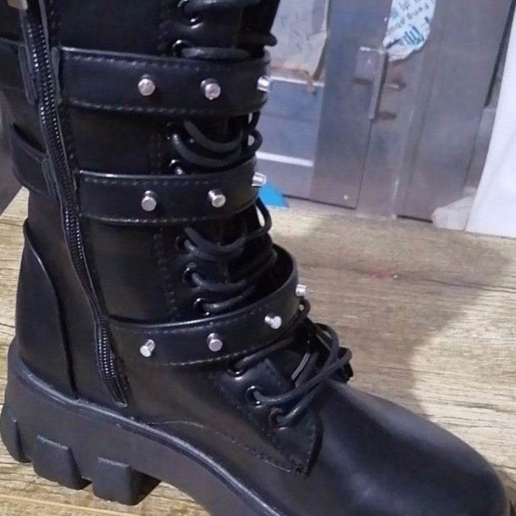 European And American Mid-calf Buckle Knight Boots Women - Mubimart