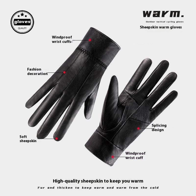 Genuine Leather Gloves For Men Women Fleece Lined Padded Warm Keeping Sheepskin Gloves - Mubimart