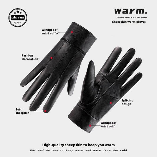 Genuine Leather Gloves For Men Women Fleece Lined Padded Warm Keeping Sheepskin Gloves - Mubimart