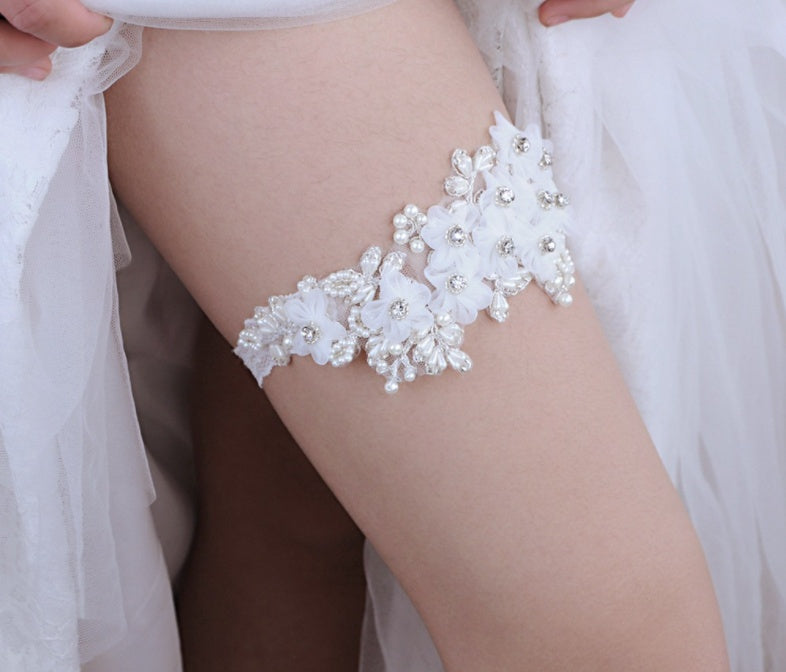 Bridal Rhinestone Garter Belt Pearl Flower Leg Socks Elastic - Mubimart -  