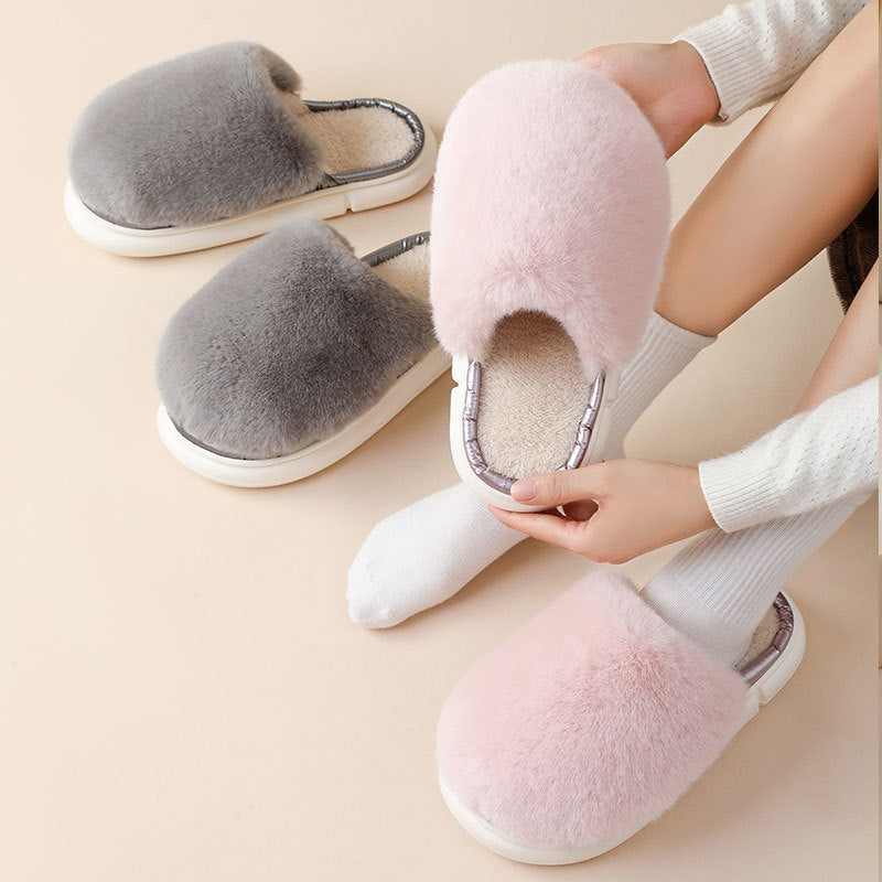 Fuzzy House Slippers Winter Warm Plush Faux Rabbit Fur Bedroom Shoes - Mubimart -  