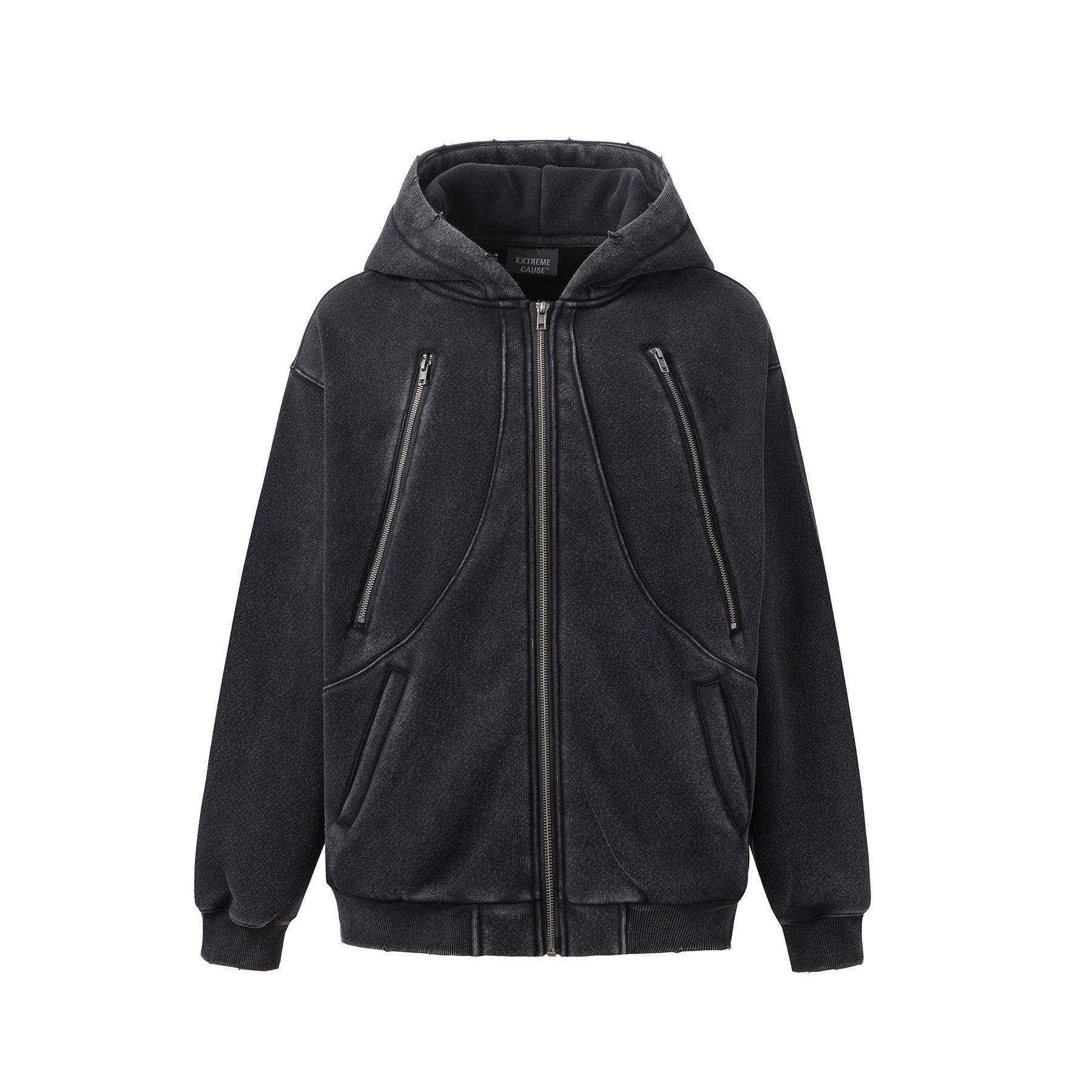 New Hoodie Fleece-lined Washed Zipper Sweater - Mubimart