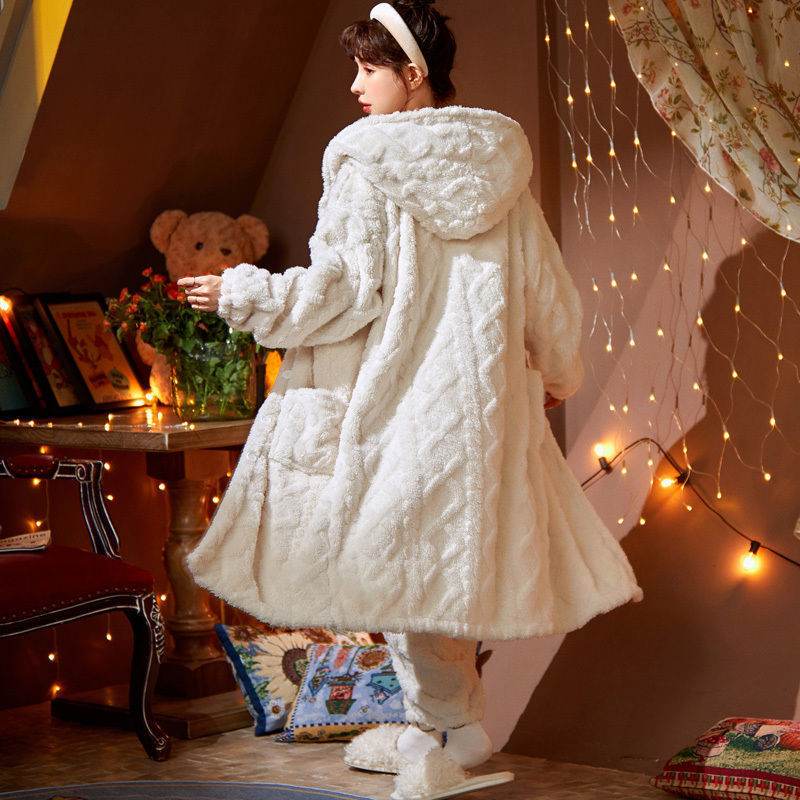 Long Flannel Robe Bathrobe Loungewear Set - Mubimart
