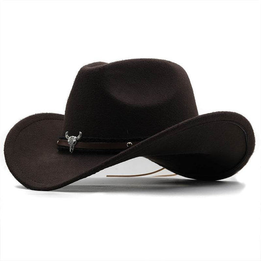 Metal Bull Head Label Western Denim Top Woolen Fedora Hat - Mubimart
