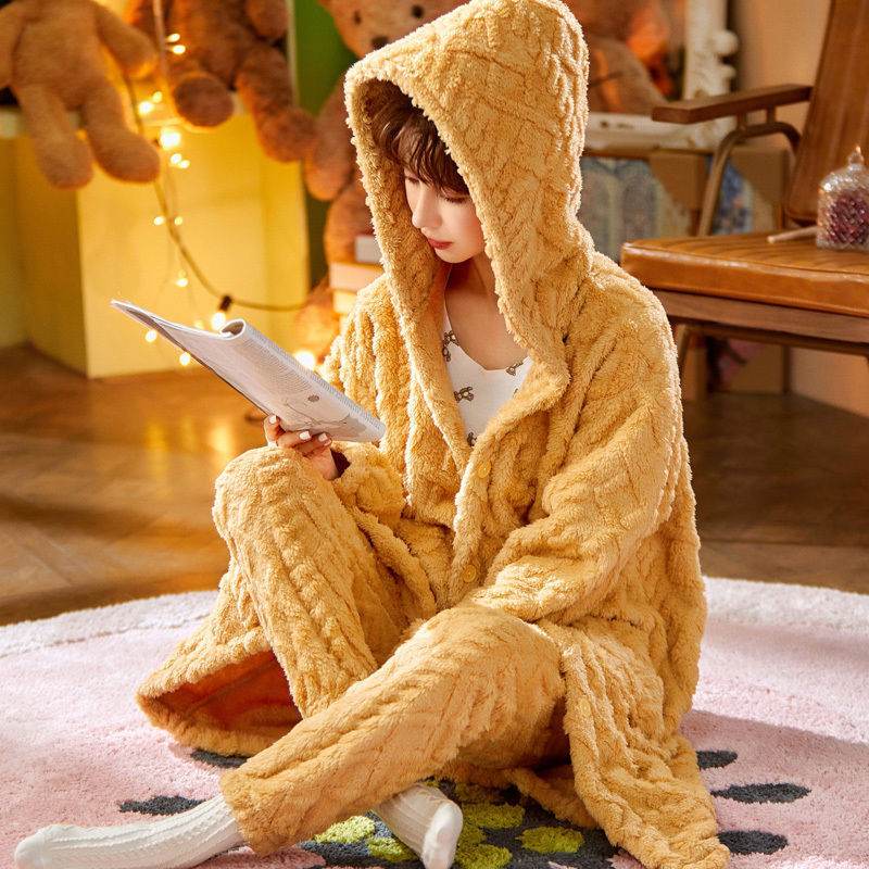Long Flannel Robe Bathrobe Loungewear Set - Mubimart