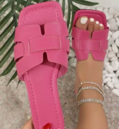 Square Toe Flat Sandals Summer Hollow Out Slides Slippers Women Footwear - Mubimart