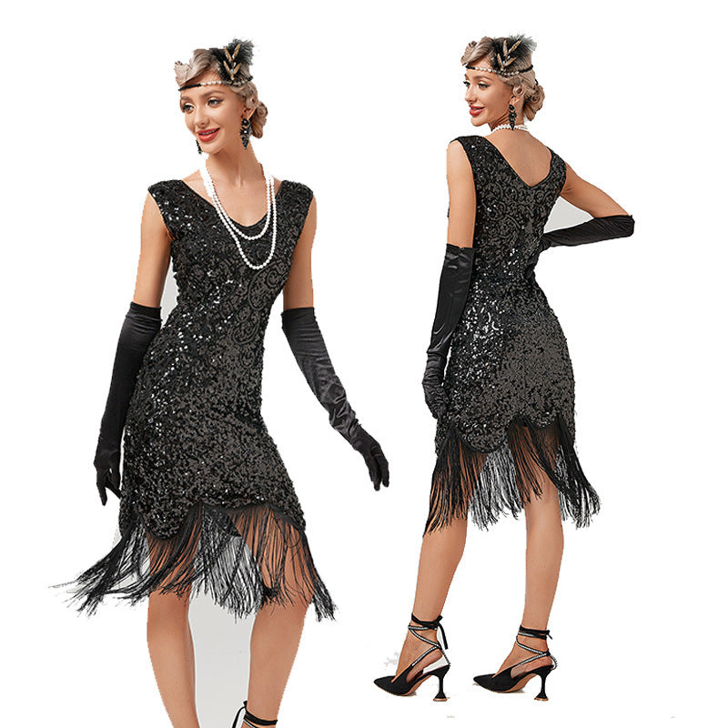 Vintage Sequin Skirt Gatsby Prom Tassel Dress - Mubimart -  