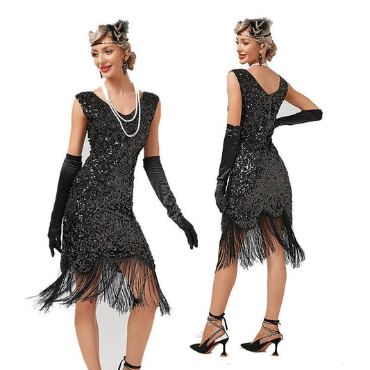 Vintage Sequin Skirt Gatsby Prom Tassel Dress - Mubimart