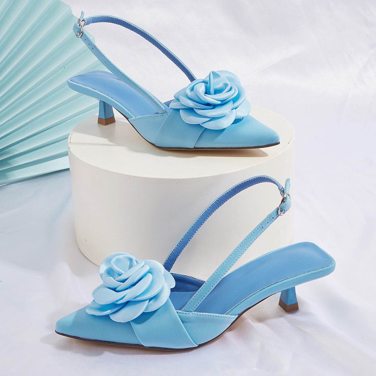 Three-dimensional Flower Decoration Kitten Heel Shoes Women's Elegant Closed Toe Back Empty - Mubimart