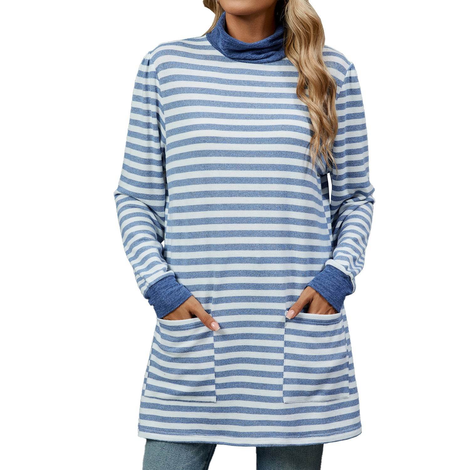 Fashion Striped Print Long Sweatshirt With Pocket Loose Long Sleeve Pullover T-shirt Top For Womens Clothing - Mubimart