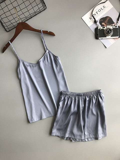 Plain Short Silky Pajama Set - Mubimart - Pajama Set 