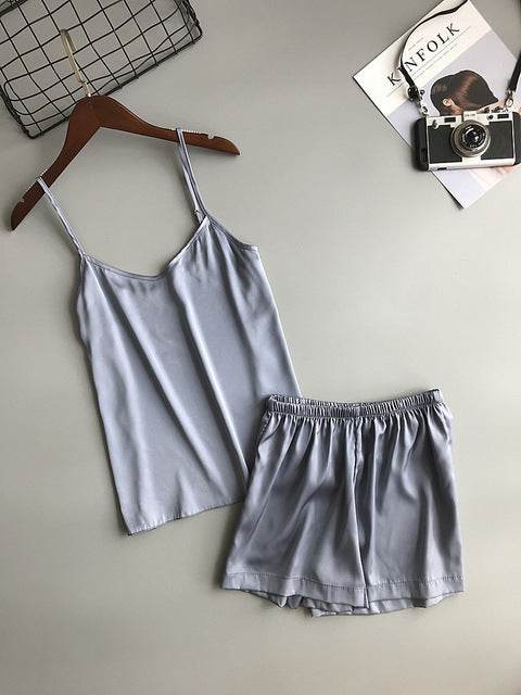 Plain Short Silky Pajama Set - Mubimart
