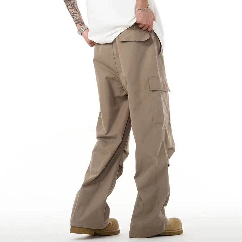 Khaki Pleated Loose Straight Casual Trousers - Mubimart