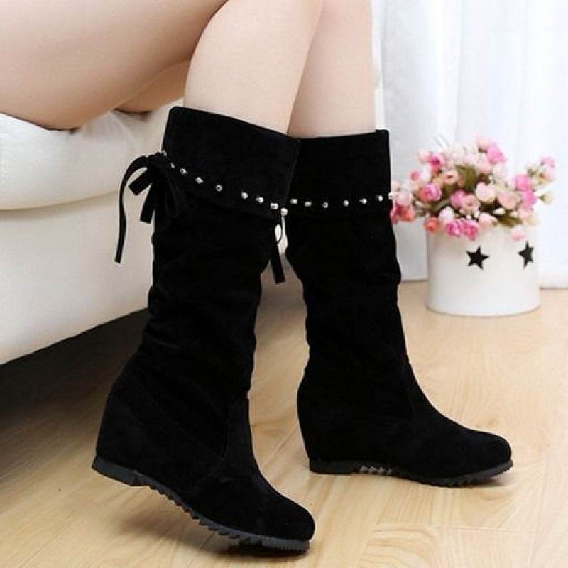 Women's Nubuck Wedge Long Suede Inner Booster Flat Tall Boots - Mubimart