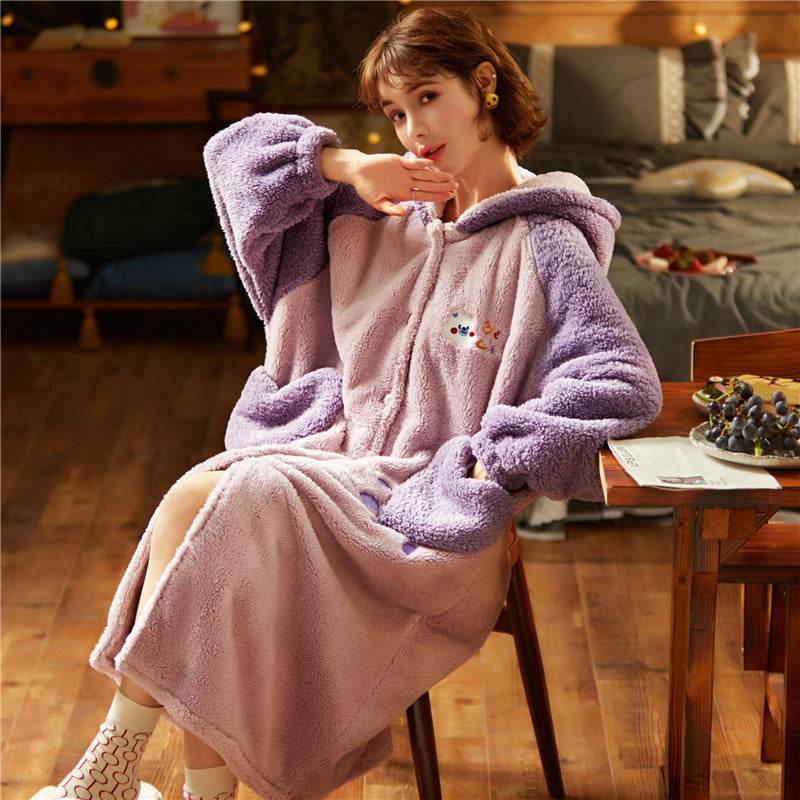 Flannel Net Red Plus Velvet Loose Nightgown With Hood - Mubimart