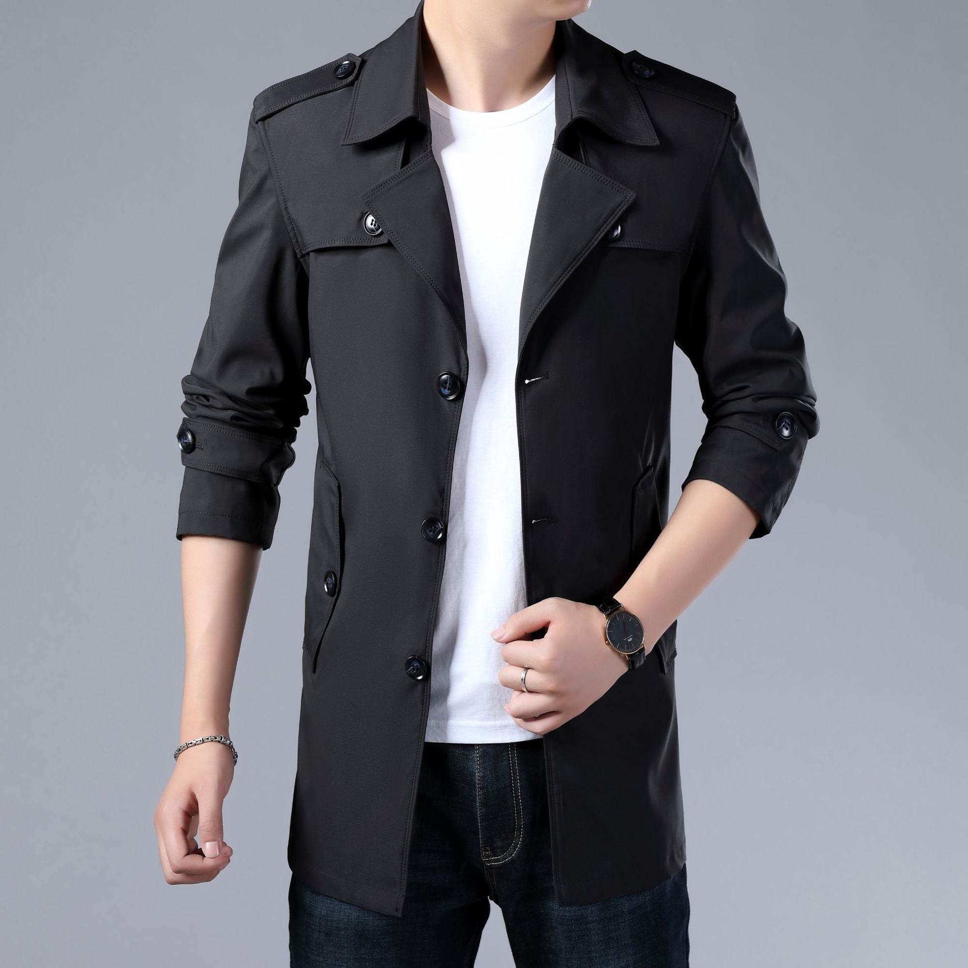 Spring And Autumn Men's Trench Coat With Buttons Top Quality Jacket Slim Regular Classic Jacket - Mubimart