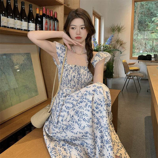Blue Floral Slip Dress Flying Sleeve Vacation Dress - Mubimart