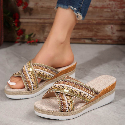 Linen Wedge Sandals Summer Ethnic Style Cross-strap Sandals For Women Non-slip Slides Beach Shoes - Mubimart