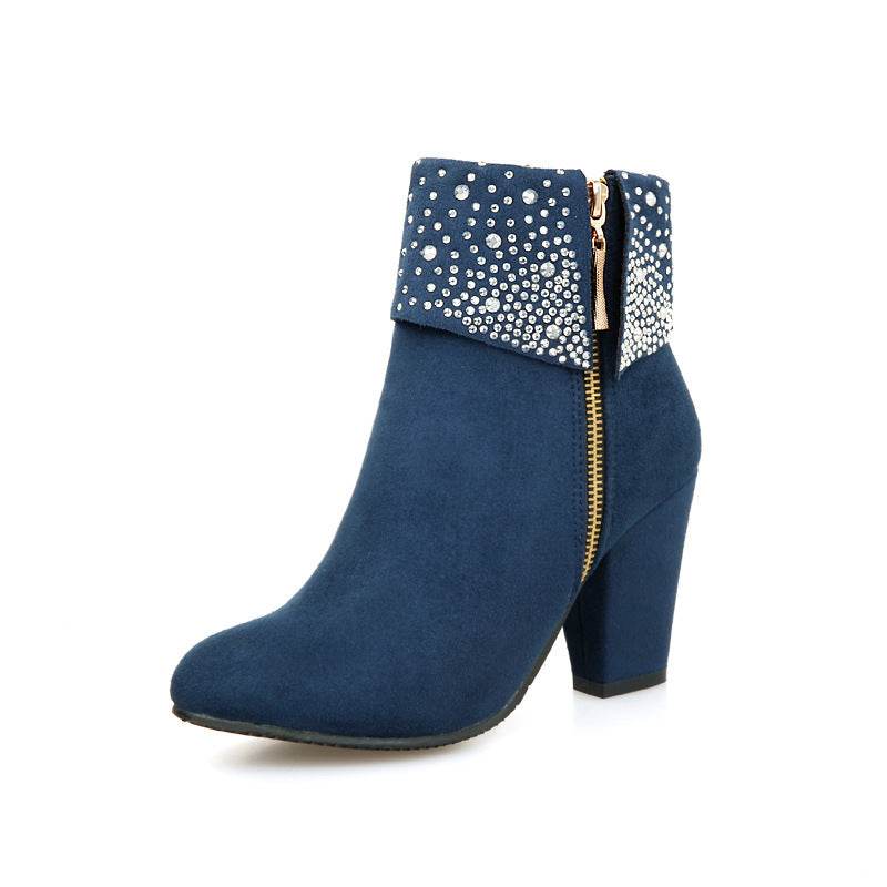 Rhinestone nubuck short heel women boots - Mubimart