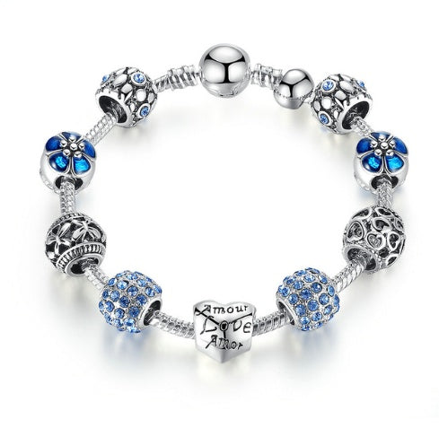 BRANDS SHOPPING WEEK Antique Silver Charm Bracelet & Bangle with Love and Flower Beads Women Wedding 4 Colors 18CM 20CM 21CM