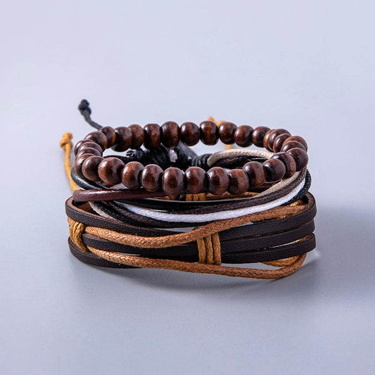 Vintage Multilayer Leather Adjustable Bracelets For Women Men Wooden Beaded Bracelet Ethnic Wrap Bracelets - Mubimart