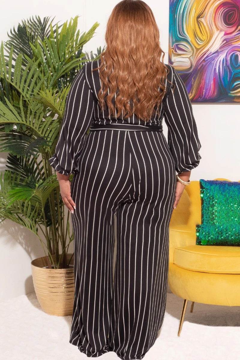 Women's Placement Print Striped Plus Size V-Neck Jumpsuit - Mubimart