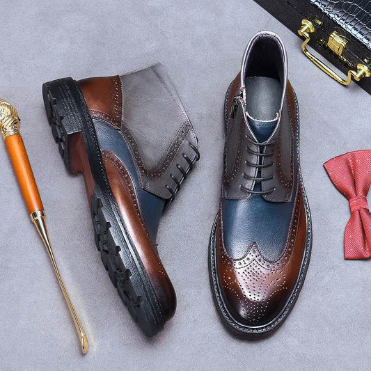 Mens Leather Vintage Color Blocking Brogue Carved Boots - Mubimart