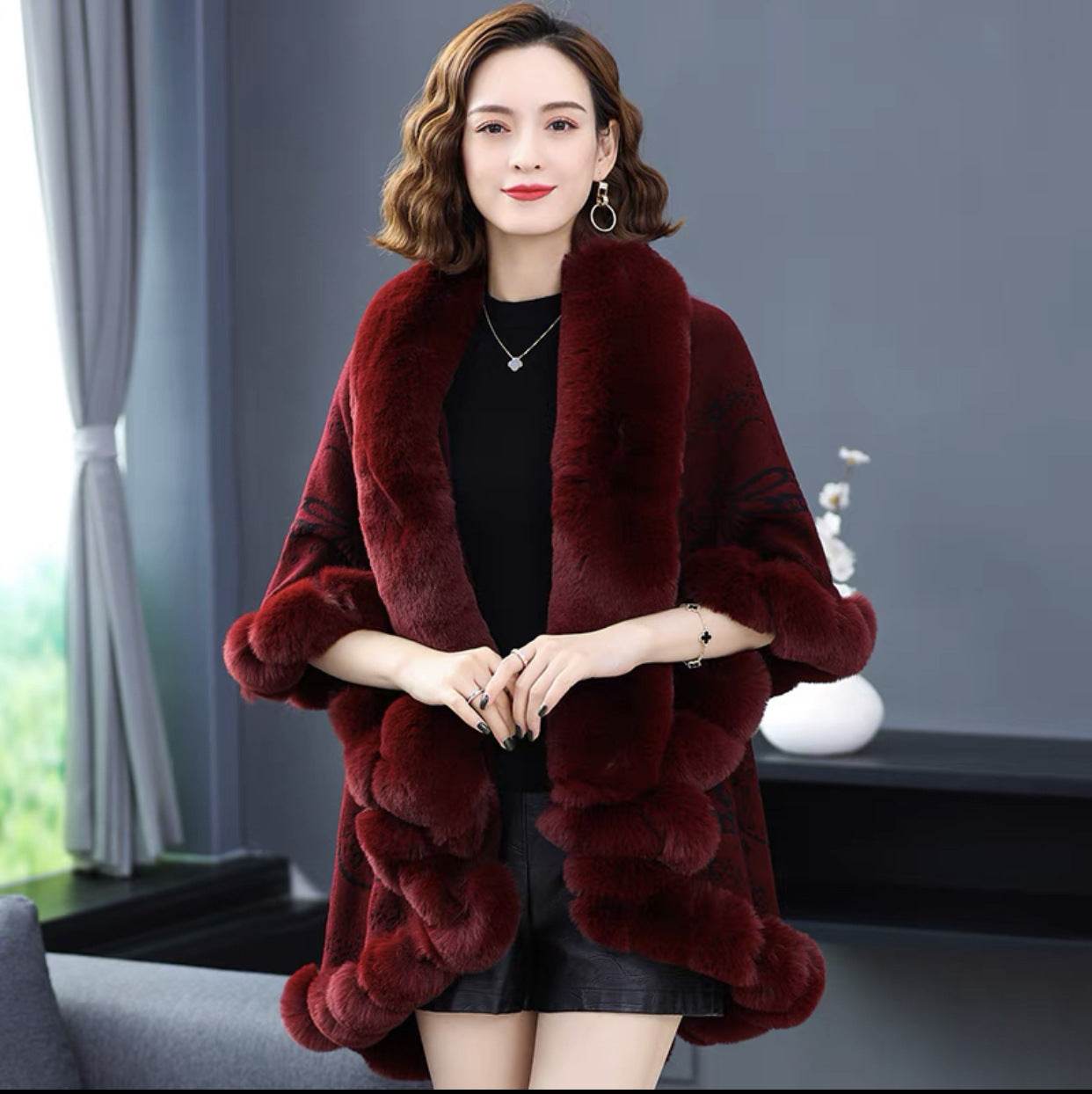 Imitation Rex Rabbit Fur Collar Shawl Cape Women's Plus Size - Mubimart