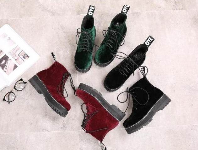 Vintage boots velvet straps ankle boots female tendon thick Martin boots - Mubimart