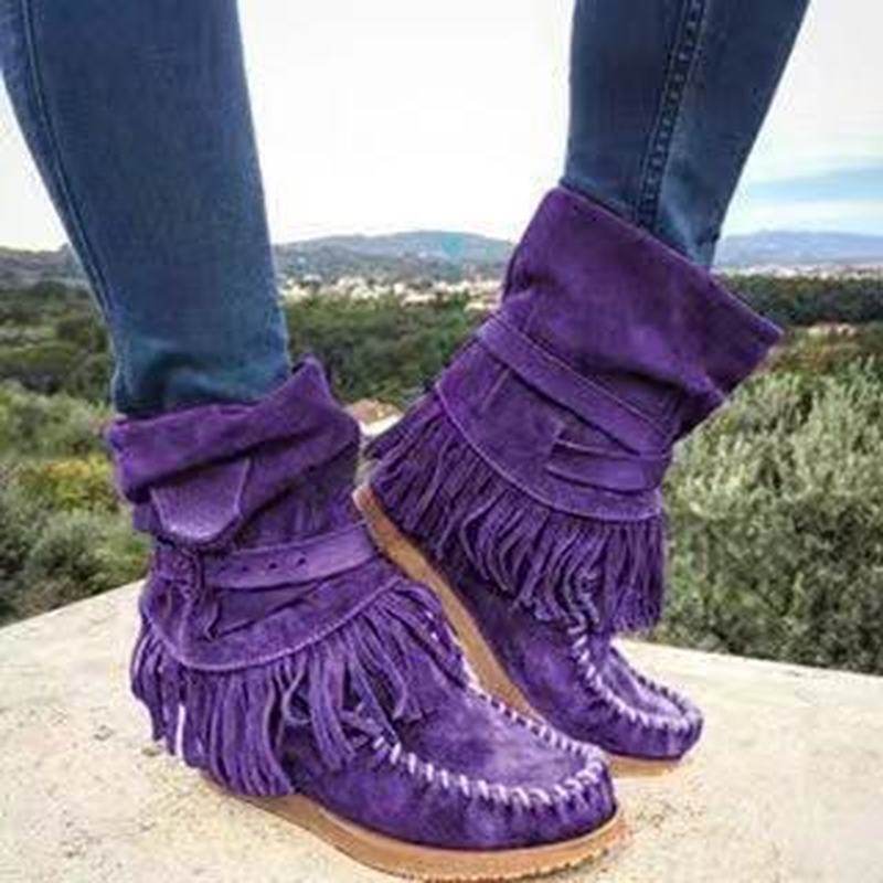 Fringe Middle Boots Women Sexy Tassel Boots Fashion Buckle - Mubimart