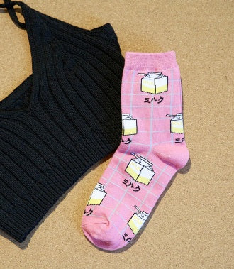 Milk Grid Crew Socks - Mubimart -  