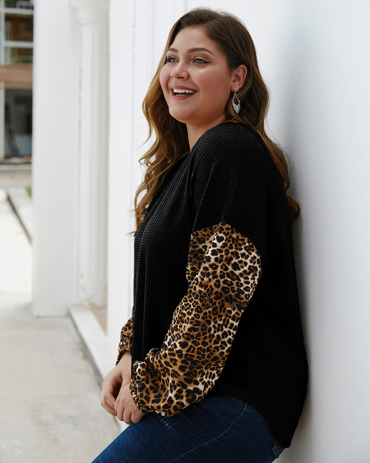 Plus size women's leopard stitch sweater