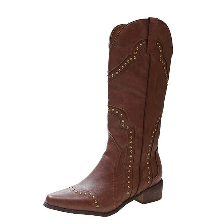 Retro Rivet Western Cowboy Boot All-match High-top Women - Mubimart
