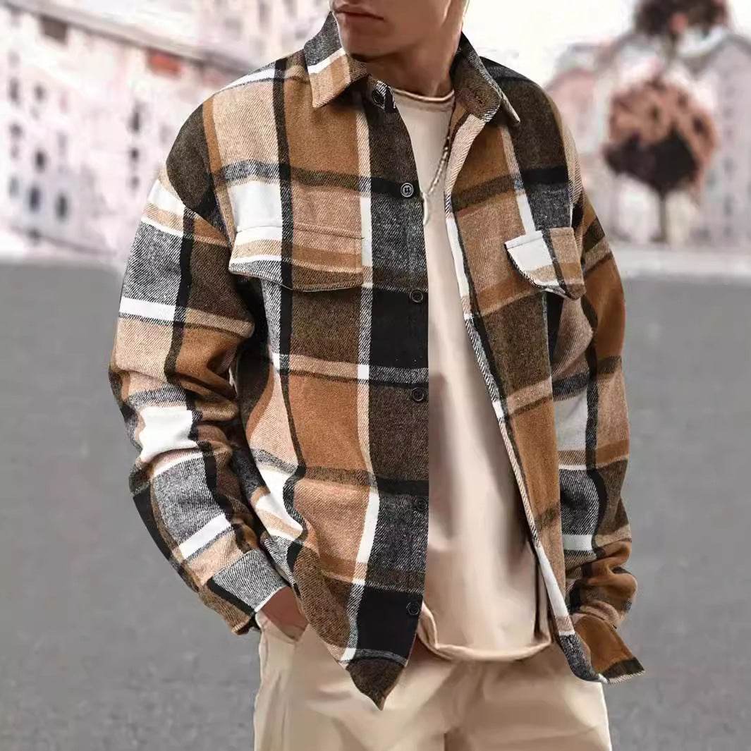 FallWinter Slim Brushed Plaid Long Sleeve Flannel Shirt Men - Mubimart