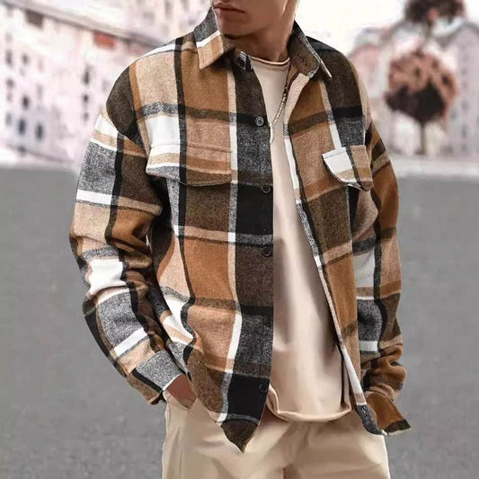 FallWinter Slim Brushed Plaid Long Sleeve Flannel Shirt Men - Mubimart